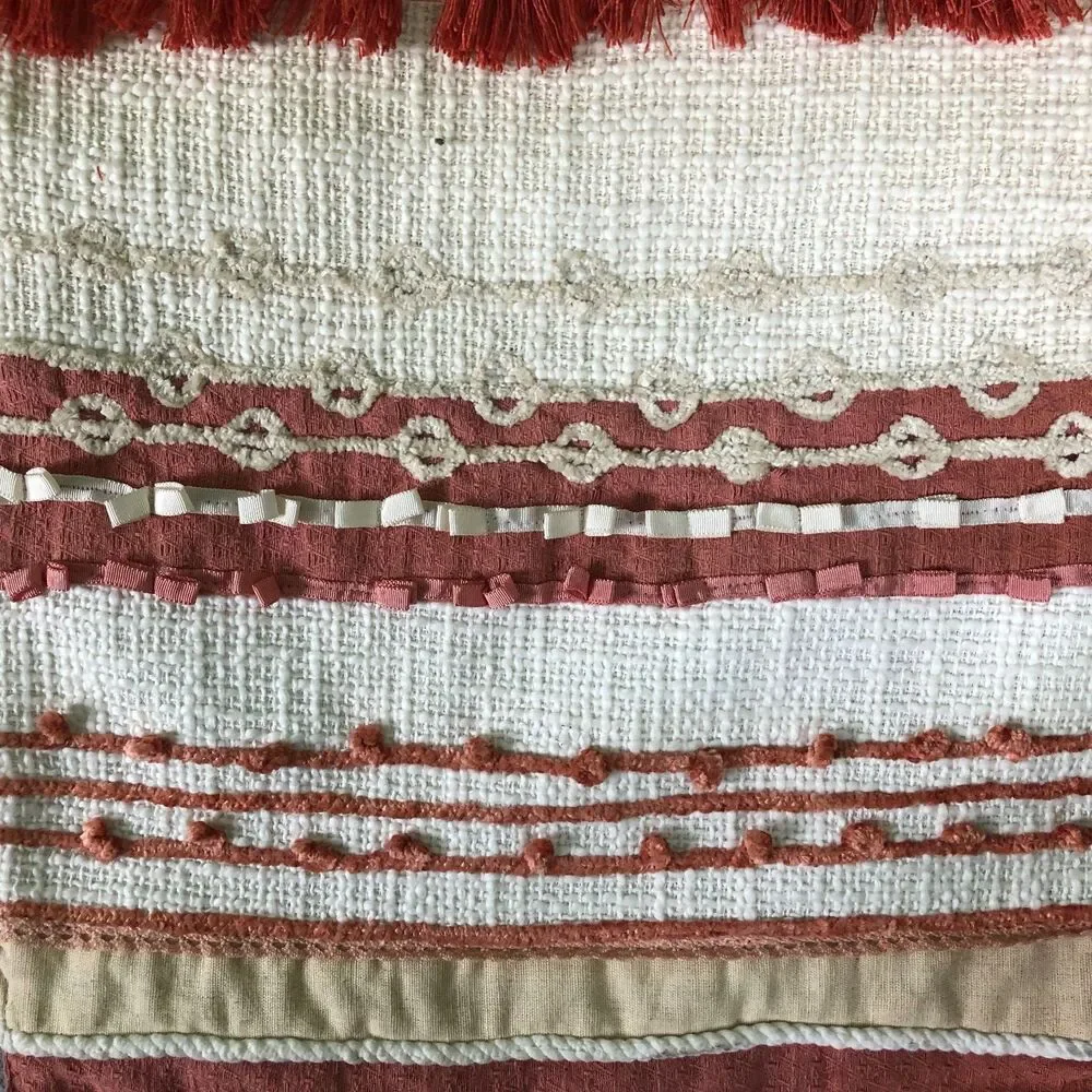 Pier 1 Imports Table Runner BOHO White Tan Rust Ball Fringe 72 x 13 in India